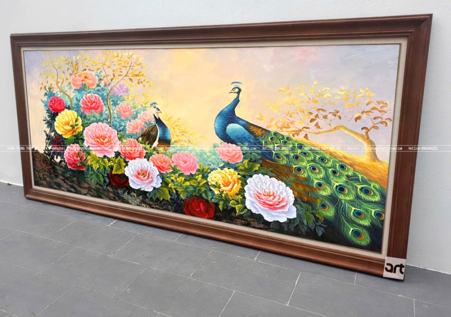 Tranh phong thủy hoa mẫu đơn và đôi chim công đẹp