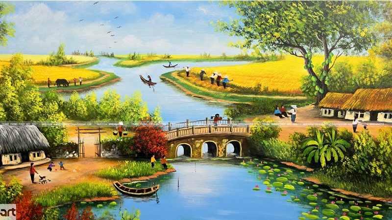 Khung cảnh làng quê thanh bình trong tranh vẽ Khung cảnh làng quê thanh bình trong tranh vẽ