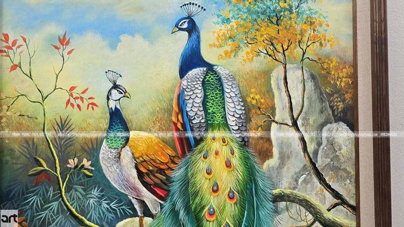 Chi tiết đôi chim công tranh tranh vẽ Chi tiết đôi chim công tranh tranh vẽ