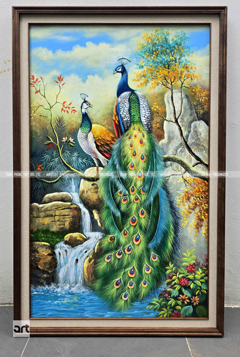 Tranh phong thủy đôi chim công bên suối khổ dọc Tranh phong thủy đôi chim công bên suối khổ dọc