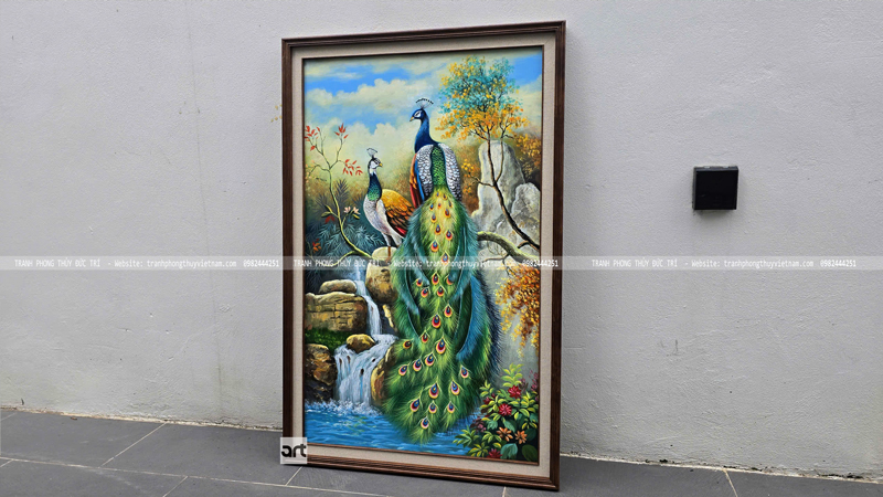Tranh phong thủy đôi chim công bên suối màu sơn dầu Tranh phong thủy đôi chim công bên suối màu sơn dầu