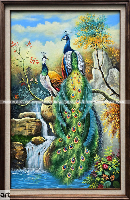 Tranh phong thủy đôi chim công bên suối