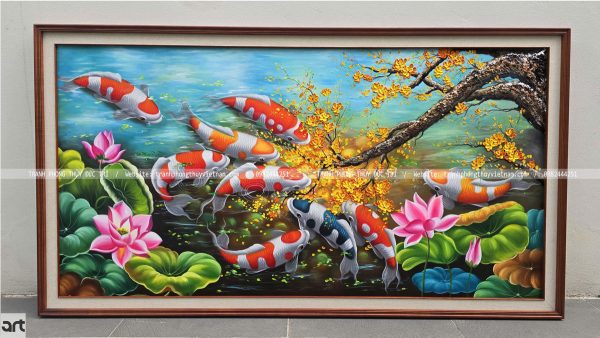 Tranh cửu ngư quần hội hoa mai vàng hoa sen