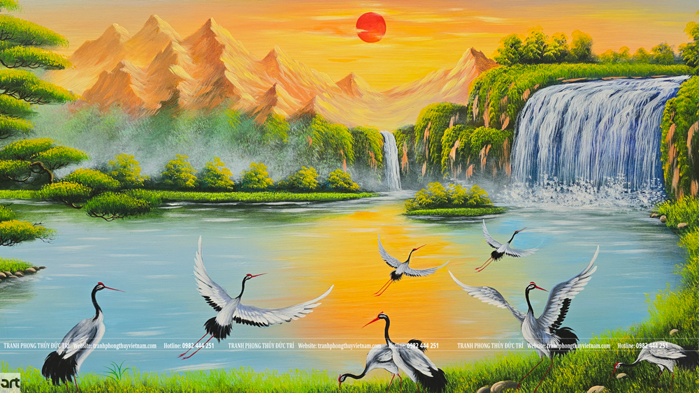 Đàn chim hạc bên hồ nước và cảnh nhật xuất thiên sơn