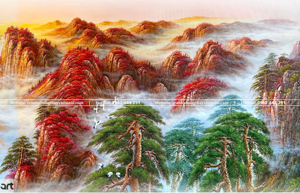 Núi non trùng điệp, cây tùng, chim hạc trong tranh nhật xuất thiên sơn Núi non trùng điệp, cây tùng, chim hạc trong tranh nhật xuất thiên sơn