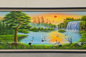 Tranh phong thủy tùng hạc diên niên sơn dầu vẽ tay