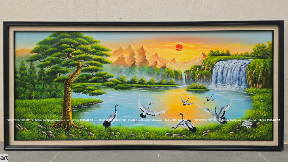 Tranh phong thủy tùng hạc diên niên sơn dầu vẽ tay