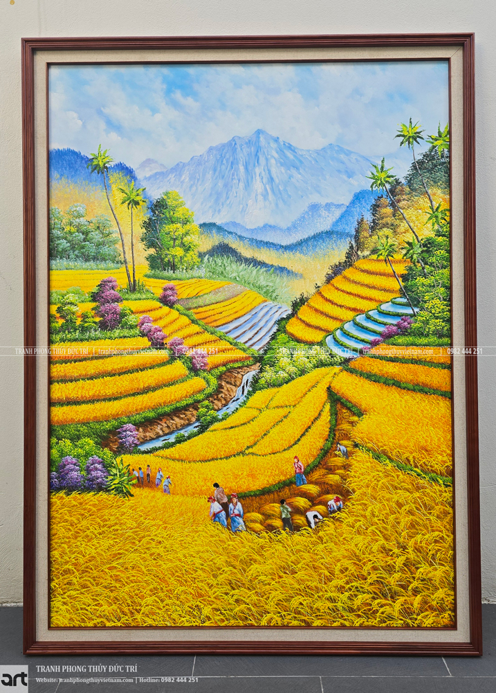 Tranh phong cảnh ruộng bậc thang sơn dầu vẽ tay khổ dọc Tranh phong cảnh ruộng bậc thang sơn dầu vẽ tay khổ dọc