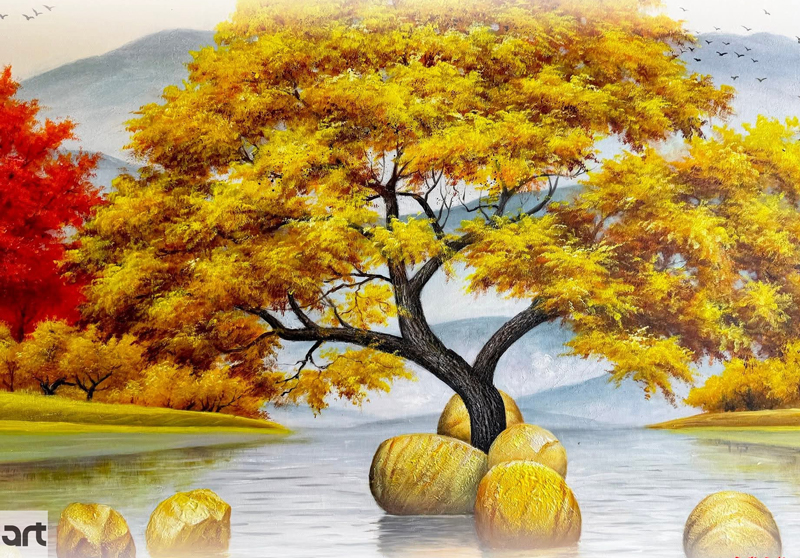 Chi tiết vẽ cây tài lộc vàng bên hồ Chi tiết vẽ cây tài lộc vàng bên hồ
