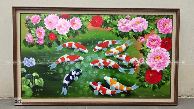 Tranh cửu ngư quần hội hoa mẫu đơn