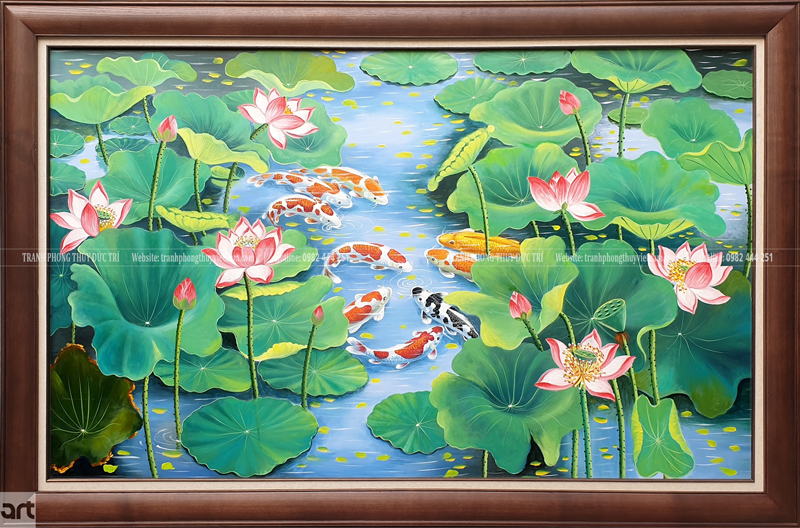 Tranh cửu ngư quần hội hoa sen sơn dầu vẽ tay