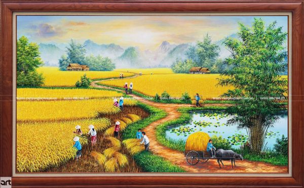Tranh đồng quê mùa gặt sơn dầu vẽ tay