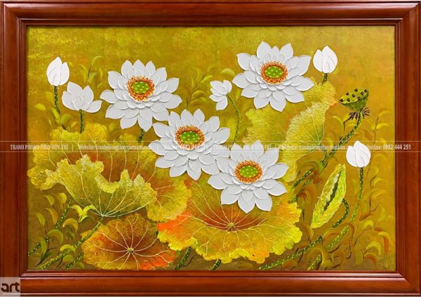 Tranh hoa sen trắng nền vàng