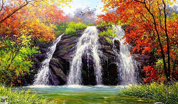 Tranh phong cảnh thác nước trong rừng cây Tranh phong cảnh thác nước trong rừng cây