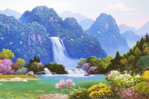 Tranh phong cảnh thiên nhiên núi non thác nước đẹp thơ mộng