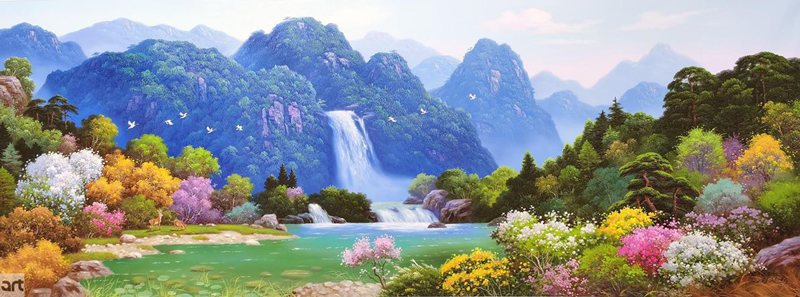 Tranh phong cảnh thiên nhiên núi non thác nước đẹp thơ mộng