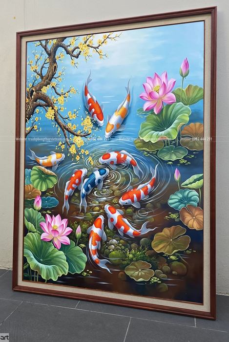Tranh phong thủy cửu ngư quần hội sơn dầu vẽ tay Tranh phong thủy cửu ngư quần hội sơn dầu vẽ tay