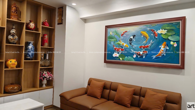Tranh phong thủy cửu ngư quàn hội treo phòng khách biểu tượng sung túc