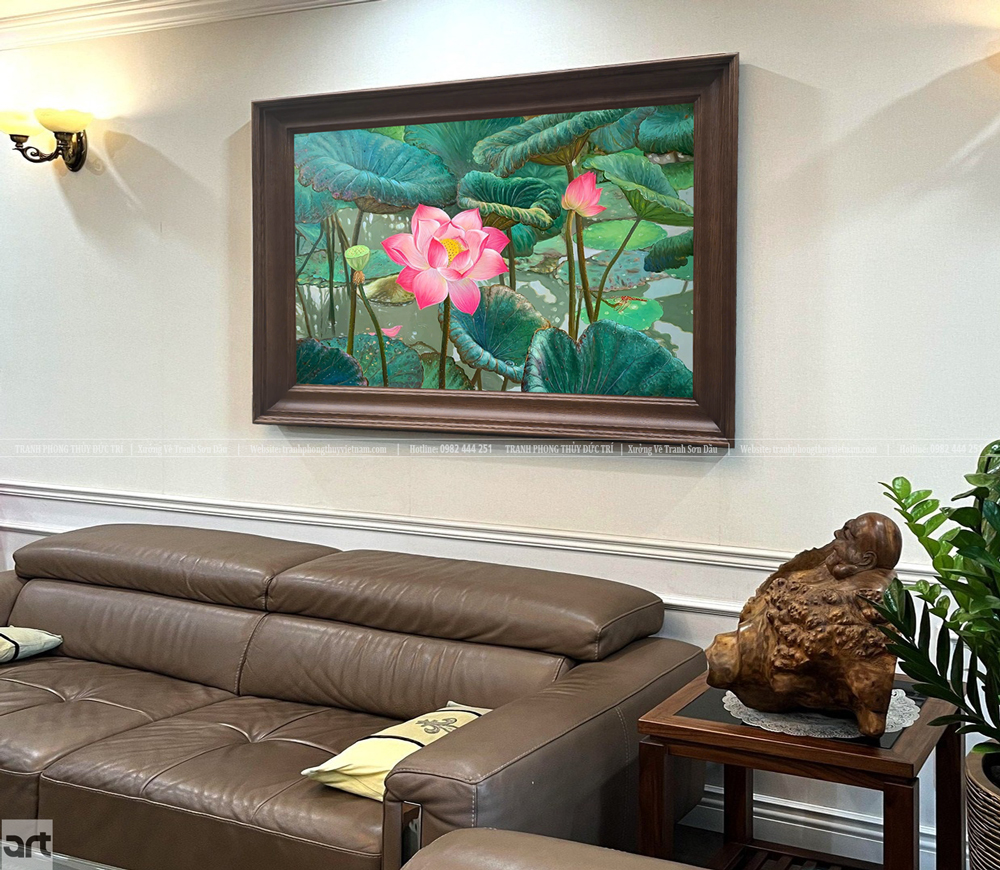 Tranh phong thủy hoa sen hồng treo phòng khách Tranh phong thủy hoa sen hồng treo phòng khách