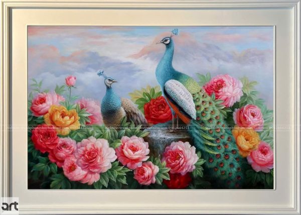 Tranh đôi chim công hoa mẫu đơn đẹp sang trọng