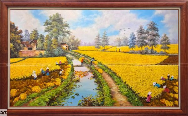 Tranh đồng quê mùa lúa chín với cánh đồng vàng và người nông dân gặt lúa