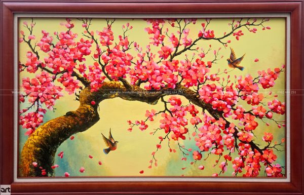 Tranh sơn dầu hoa đào vẽ tay với cành hoa đào nở rộ và đôi chim