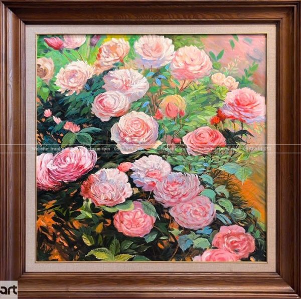 Tranh hoa hồng hồng phấn nở rộ với khung gỗ nâu