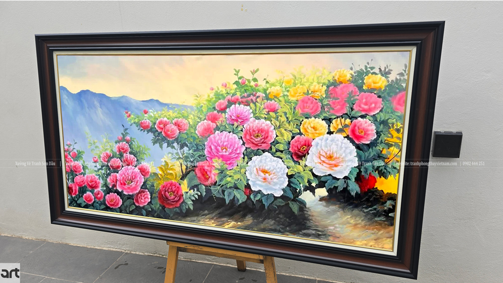 Tranh hoa mẫu đơn được hoàn thiện tại xưởng tranh phong thủy Tranh hoa mẫu đơn được hoàn thiện tại xưởng tranh phong thủy