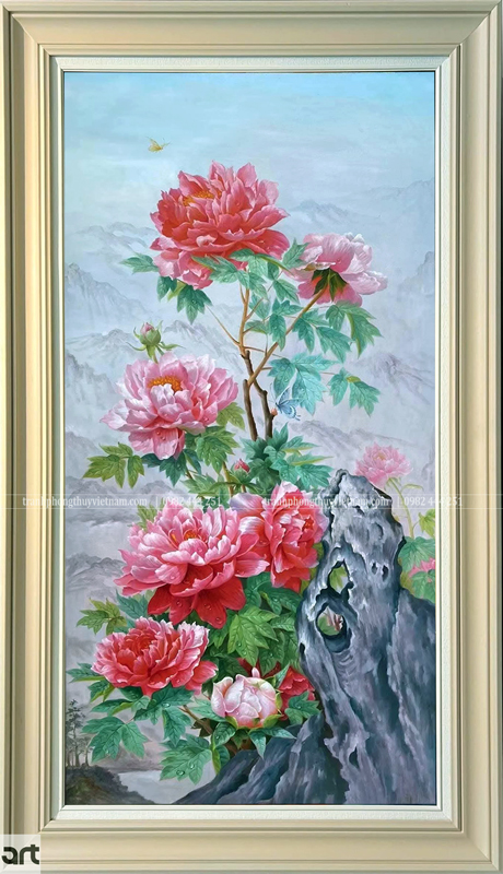 Tranh hoa mẫu đơn phong thủy đẹp khổ dọc với hoa mẫu đơn hồng đỏ