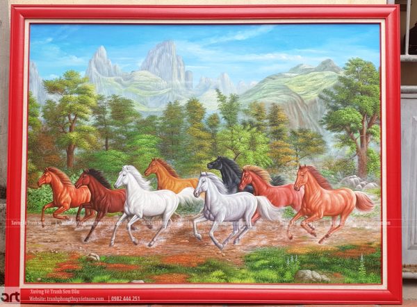 Tranh Mã Đáo Thành Công sơn dầu vẽ tay với tám ngựa phi giữa núi non
