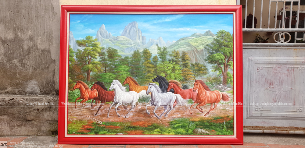 Tranh mã đáo thành công vẽ 8 ngựa phi giữa núi non Tranh mã đáo thành công vẽ 8 ngựa phi giữa núi non