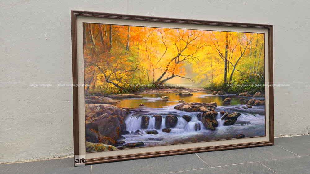 Tranh phong cảnh dòng suối trong rừng góc nghiêng phải, nổi bật vẻ đẹp thiên nhiên và chiều sâu của tranh sơn dầu vẽ tay. Tranh phong cảnh dòng suối trong rừng góc nghiêng phải, nổi bật vẻ đẹp thiên nhiên và chiều sâu của tranh sơn dầu vẽ tay.