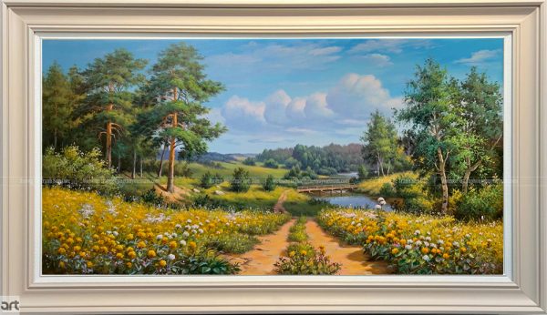 ranh phong cảnh đồng hoa bên hồ với hàng cây xanh và lối đi thơ mộng