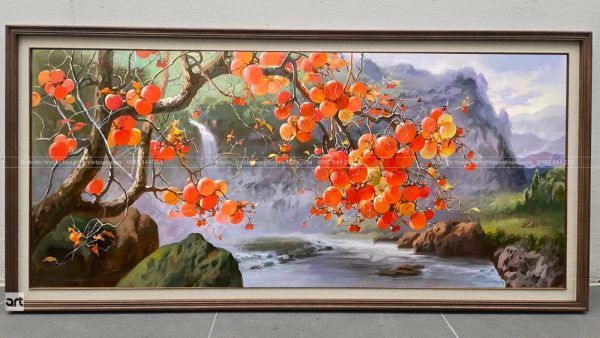 Tranh phong thủy cành hồng trĩu quả đỏ bên dòng suối, thác nước và núi non