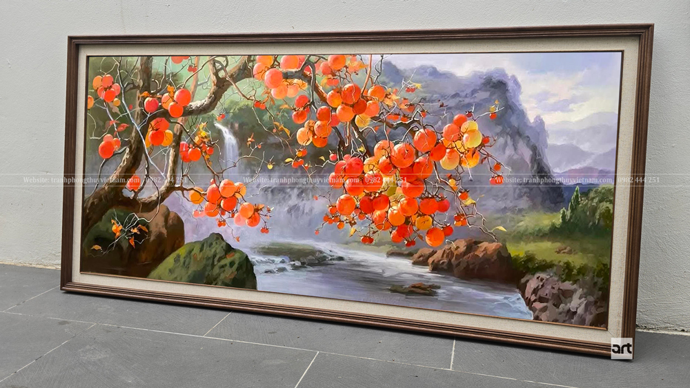 Tranh phong thủy cành hồng trĩu quả vẽ tay khung gỗ với phong cảnh núi non và dòng suối Tranh phong thủy cành hồng trĩu quả vẽ tay khung gỗ với phong cảnh núi non và dòng suối
