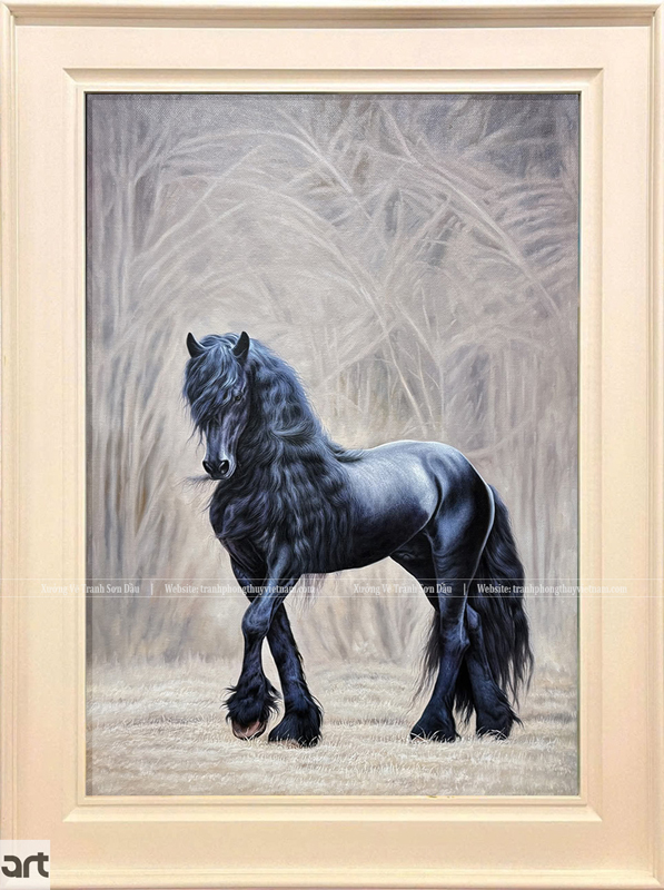 Tranh phong thủy Hắc Mã sơn dầu vẽ tay toàn cảnh chú ngựa đen Friesian giữa khung cảnh thiên nhiên