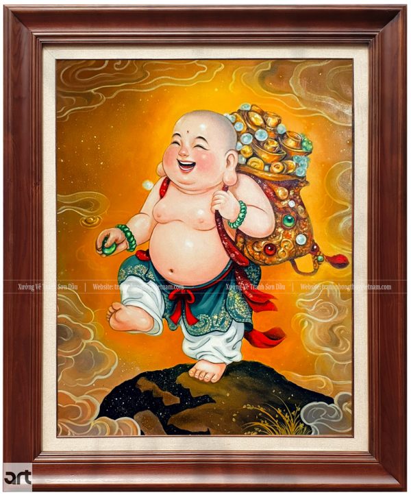 Tranh sơn dầu Phật Di Lặc vác túi tiền vàng vẽ tay với nụ cười hoan hỷ, gam màu vàng nổi bật và chi tiết tinh xảo