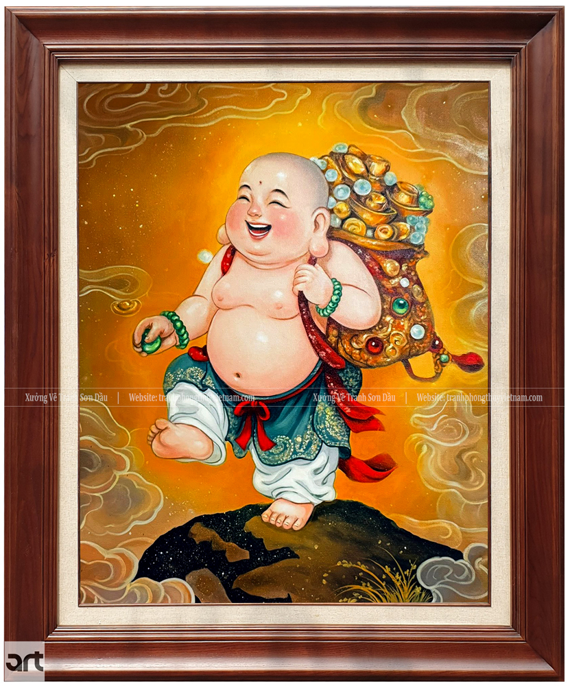 Tranh sơn dầu Phật Di Lặc vác túi tiền vàng vẽ tay với nụ cười hoan hỷ, gam màu vàng nổi bật và chi tiết tinh xảo Tranh sơn dầu Phật Di Lặc vác túi tiền vàng vẽ tay với nụ cười hoan hỷ, gam màu vàng nổi bật và chi tiết tinh xảo