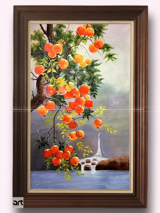 Tranh sơn dầu cành lựu chín đỏ cam vẽ tay, cành cây sai quả bên dòng thác và cảnh sơn thủy