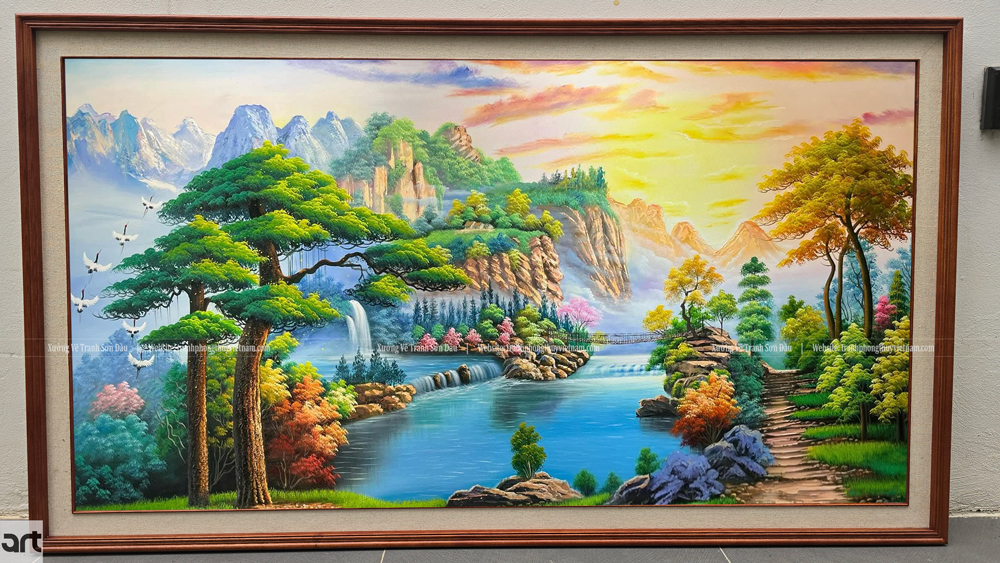 Tranh sơn thủy hữu tình vẽ núi non thác nước, hồ xanh, cây tùng và đàn chim hạc Tranh sơn thủy hữu tình vẽ núi non thác nước, hồ xanh, cây tùng và đàn chim hạc