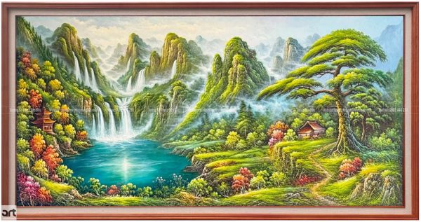 Tranh sơn thủy thác nước hồ xanh núi non hùng vĩ