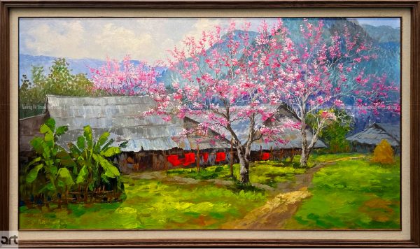 Tranh phong cảnh Tây Bắc đẹp với nhà sàn, hoa đào và núi rừng
