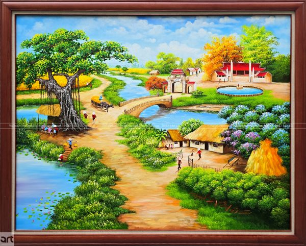 Tranh làng quê cây đa cổng làng bên dòng sông sơn dầu vẽ tay