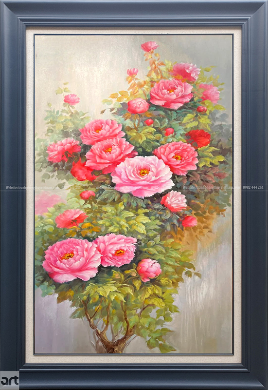 Tranh mẫu đơn hồng đỏ sơn dầu vẽ tay khổ dọc