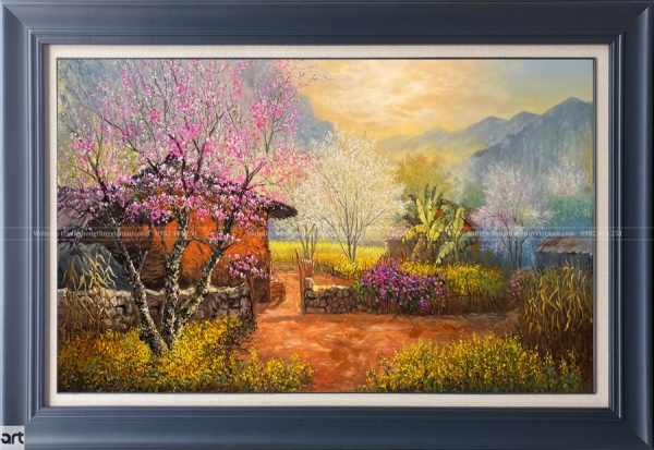Tranh phong cảnh mùa xuân Tây Bắc với bản làng, hoa đào hoa mận và núi rừng