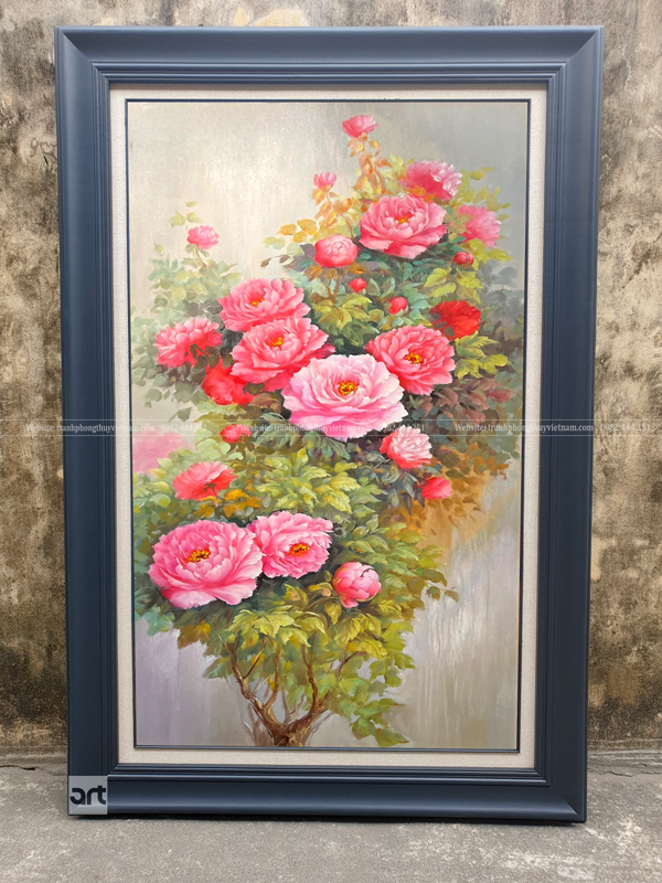 Tranh sơn dầu mẫu đơn hồng đỏ phú quý vẽ tay Tranh sơn dầu mẫu đơn hồng đỏ phú quý vẽ tay