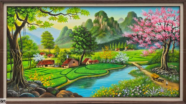 Tranh phong cảnh làng quê ven sông đẹp thanh bình