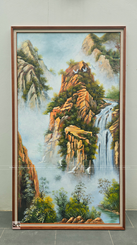 Tranh thác nước núi non khổ dọc, sơn dầu vẽ tay đẹp Tranh thác nước núi non khổ dọc, sơn dầu vẽ tay đẹp